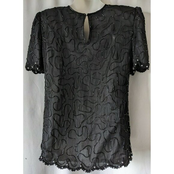 Laurence Kazar Designer Women Silk Blouse Top Black Sequins Beads Vintage Size S - Picture 2 of 8